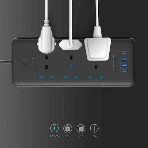 Powerology 6 AC Multi-Port Power Strip 48W, Surge Protection, Fireproof Material, 3250W, 13A, 3m Cable, PD 30W, QC 18W - Black