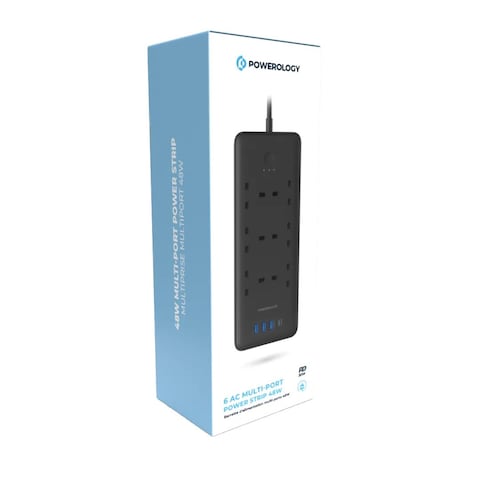Powerology 6 AC Multi-Port Power Strip 48W, Surge Protection, Fireproof Material, 3250W, 13A, 3m Cable, PD 30W, QC 18W - Black