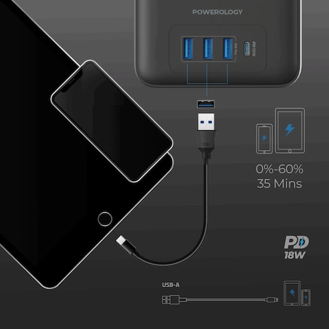 Powerology 6 AC Multi-Port Power Strip 48W, Surge Protection, Fireproof Material, 3250W, 13A, 3m Cable, PD 30W, QC 18W - Black
