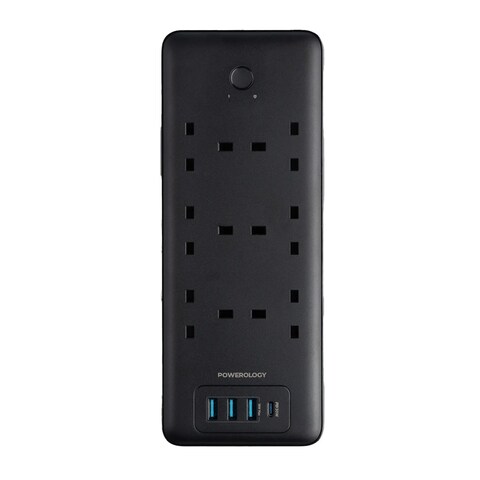 Powerology 6 AC Multi-Port Power Strip 48W, Surge Protection, Fireproof Material, 3250W, 13A, 3m Cable, PD 30W, QC 18W - Black