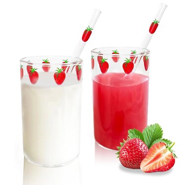 300ml Strawberry Cup with Straw - Cute Pattern Glass for Milk Tea, Coffee, Juice, Bubble Drinks