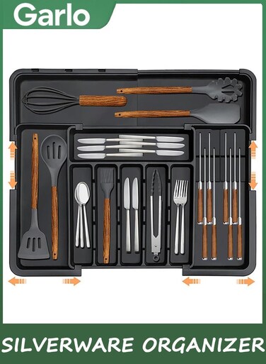 Silverware Organizer, Expandable Large Kitchen Drawer Organizer Utensil Organizer with 2 Removable Knife Blocks, 56 * 48cm Cutlery Tray Drawer Dividers with 9 Compartment for Kitchen Flatware