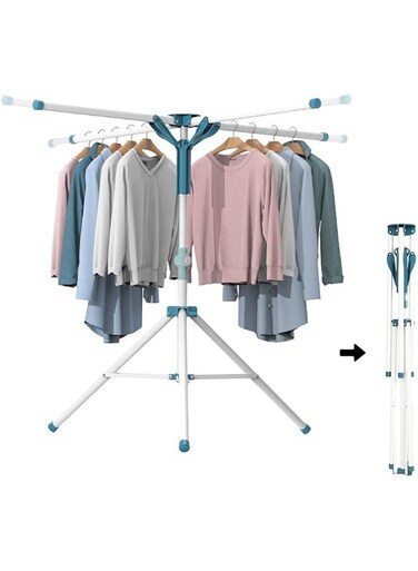 VAODO Clothes Drying Rack, 4 Arm Tripod Foldable&amp;Portable Laundry Hanging Drying Rack, Stainless Steel Clothing Rack with Windproof Hooks, Height Length Adjustable, for Indoor Outdoor Saving Space