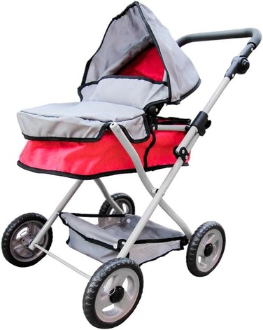 2 In 1 Doll Pram Stroller for Girls Foldable Pushchair Sturdy Toy Adjustable Canopy With Storage Basket   Fits Dolls up to 42 cm