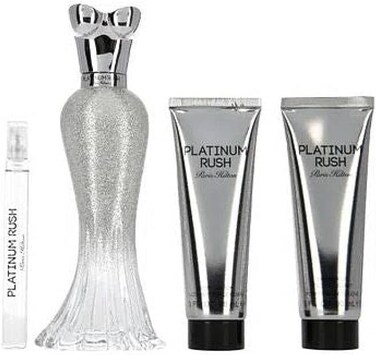 مجموعة هدايا بلاتينيوم راش من باريس هيلتون للنساء - 4 قطع بخاخ او دي بارفان 3.4 اونصة، بخاخ او دي بارفان 0.33 اونصة، لوشن للجسم 3 اونصة، جل استحمام 3 اونصة