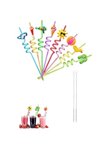 Sweet seven Fun in the Sun: 24 Beach Drinking Straws for Kids - Pool Party Supplies with 2 Cleaning Brushes