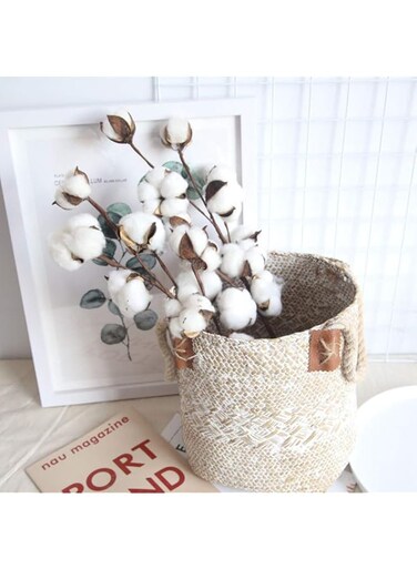 3Pc Naturally Dried Cotton Stems Farmhouse Artificial Flower Filler Floral Decor