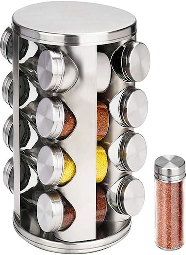 Goolsky Countertop Revolving Empty With 16 Jars Spice Rack Rotating Storage Seasoning Spinning Stainless Steel Spice Racks Organizer Carousel Spinner Jars Tower Holder Included (Round)