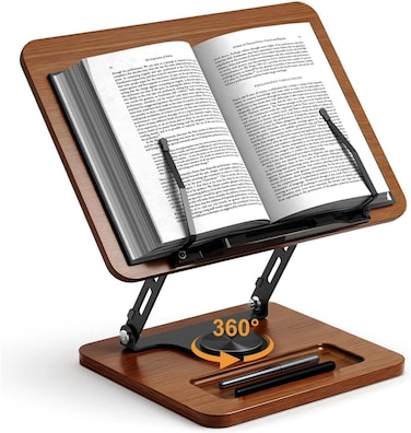First Wave Adjustable Wooden Book Stand &ndash; 360&deg; Rotating Hands-Free Holder with Height &amp; Angle Adjustment, Page Clip, Compatible with Cookbooks, Magazines, Laptops &amp; Tablets &ndash; Foldable, Walnut