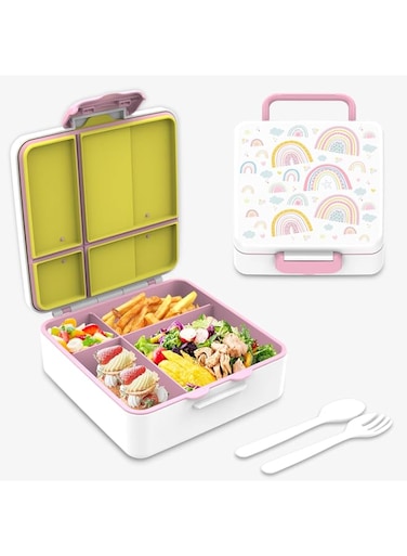 Bento Lunch box Rainbow Print Box for Kids with 4 Compartments Utensils for School,Insulated,LeakProof Container,Sauce Jar,Microwave &amp; Dishwasher Safe,BPA free Eco friendly,Ages 3-14 Girls/Boys