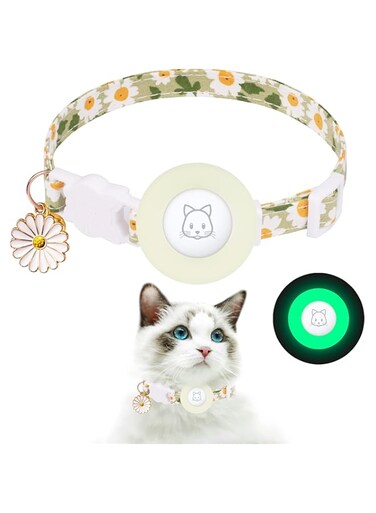 LCLALAY Airtag Cat Collar, Breakaway Kitten Collar with Silicone Airtag Holder, Bells, and Flower Charm for Girl Cats, Boy Cats, and Small Dogs (Luminous Green)