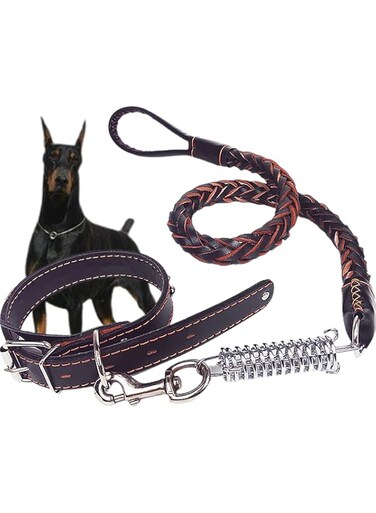【TTQK】Cowhide braided leash collar set with cushioned spring for large and medium-sized dogs walking dog leash collar (King size 3.5 【suitable for 50-130 pounds】)