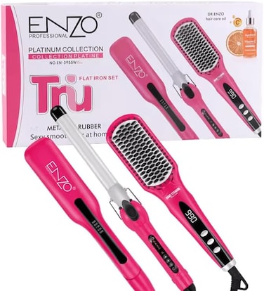PrecisionWare Enzo EN-3955W 3-in-1 Platinum Collection Hair Styling kit, Versatile Hot Air Brush, Straightener, Curling Iron With Platinum Ceramic Technology-Intl Version (Pink)