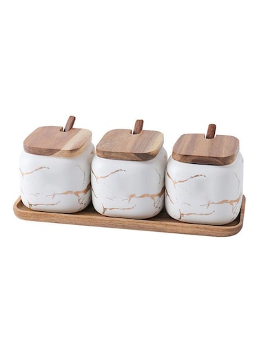 3-Piece Spice Jar Set With Base White/Brown 360ml