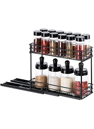 Pull Out Spice Rack Organizer for Cabinet,2 Tier Slide Out Cabinet Organizer and Pull Out Shelves Under Cabinet Storage for Kitchen, Fits Spices, Sauces, Cans etc (Black)
