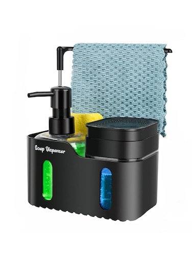 Hand &amp; Dish Soap Dispenser Set with Sponge Holder &amp; Towel Rack &acirc;&euro;&ldquo; 4-in-1 Dual Soap Pump Dispenser for Kitchen Countertop and Sink Organization &amp; Storage. (Black)