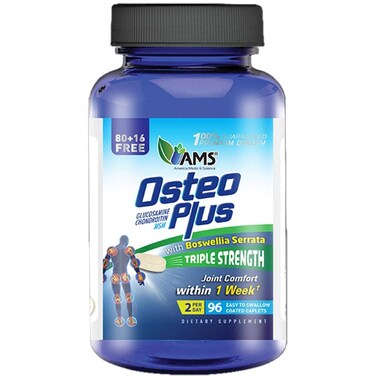كبسولات AMS Osteo Plus، مكمل غذائي للمفاصل مع الجلوكوزامين والكوندرويتين وميثيل سلفونيل ميثان، عبوة من 96 كبسولة