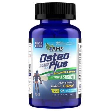 كبسولات Ams Osteo Plus، مكمل غذائي للمفاصل مع الجلوكوزامين والكوندرويتين وMSM، عبوة من 96 كبسولة