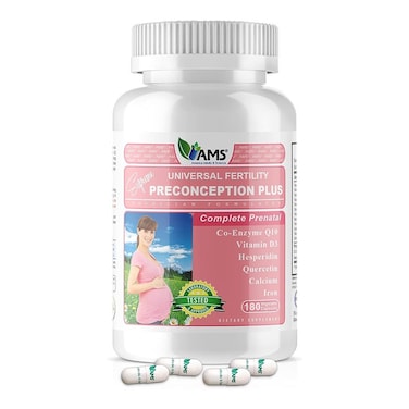 كبسولات AMS Preconception Plus النباتية، دعم ما قبل الولادة، مكمل غذائي للحمل والخصوبة، عبوة من 180 كبسولة