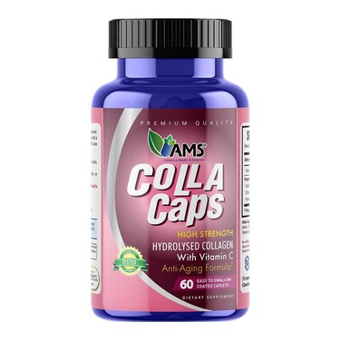 كبسولات AMS Colla Caps المضادة للشيخوخة مع الكولاجين المائي عالي القوة وفيتامين C، عبوة من 60 كبسولة