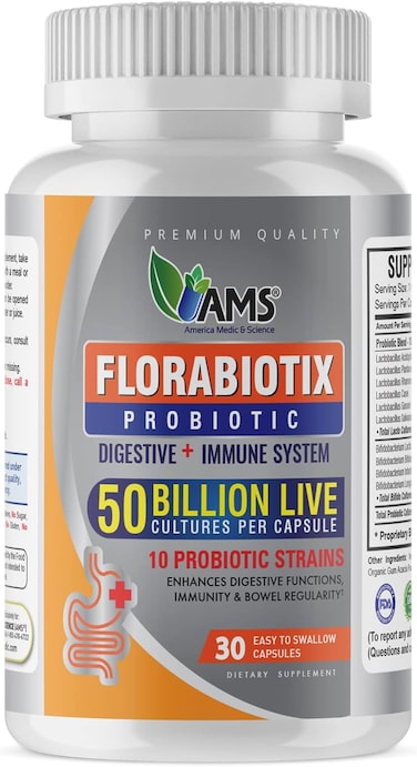America Medic &amp; Science Florabiotix Probiotic (30 Capsules), Dietary Supplement For Men And Women, 50 Billion Live Cultures, 10 Probiotic Strains, Supports Digestive And Immune Health