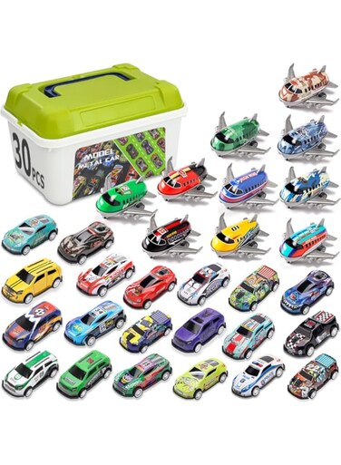 30 Pcs Pull Back Toy Cars Airplanes with Storage Box, Alloy Mini Race Push and Pull Back Cars Planes Vehicles Toys for Kids, Party Favors Toy Cars Suitable for 3+ Years Old Kids Boys Girls Gift