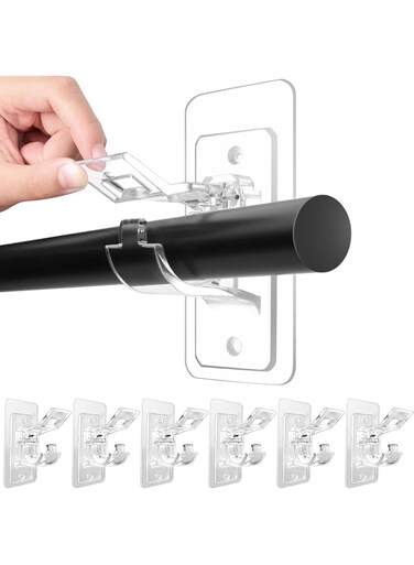 Odluzy No Drill Curtain Rod Brackets, No Drill Curtain Rod Holder, Self Adhesive Curtain Rod Holders, Nail Free Adjustable Curtain Hangers, Non Nail Screw Stick On Curtain Rod Hooks (6PCS Transparent)