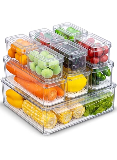 KUMD 10 Pack Fridge Organizers and Storage, Stackable Refrigerator Organizer Bins with Lids, BPA-Free Produce Fruit Storage Containers for Fridge Organizers, for Food, Drinks, Vegetable