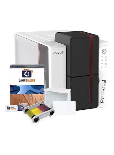 Evolis Primacy 2 Dual Side ID Card Printer Bundle &ndash; Includes Basic Card Software, YMCKO Ribbon &amp; 100 PVC Cards &ndash; PM2-0025-M