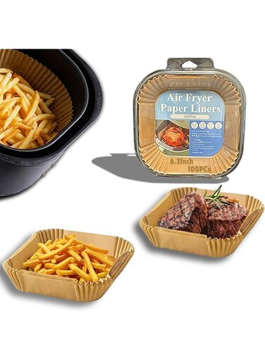 Beyond Basics Air Fryer Paper Liners -100pcs Non-Stick Parchment Paper for Air Fryer Oil-proof Air Fryer Disposable Paper - Square Baking Paper - Brown - Square - 7.9inch/20cm - 6.3inch/16cm. (16cm)