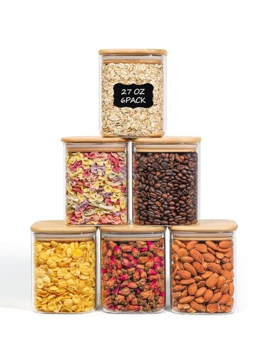 27 oz Glass Food Storage Jars Set of 6, Clear Storage Containers with Airtight Lids, Pantry Organization Jar, Spice Jar, Blooming Tea, Oat, Coffee and Sugar Container, Canister Set for Kitchen