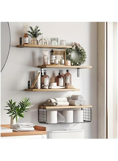 WHFEVDFY Floating Shelves Wall Mounted for Wall Decor Storage, Set of 4 with 1 Storage Basket, Easy-To-Assemble, Sturdy Wood Wall Wall Shelves for Living Room, Bedroom, Kitchen, Office, Books