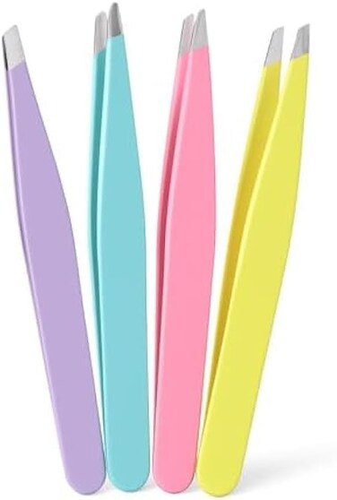 Fitto Tweezers Pack of 4 Assorted Colors - Stainless Steel Precision Eyebrow Tweezers for Hair Removal, Beauty & Grooming