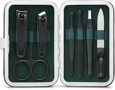 Fitto Compact Manicure Set 10.7x6.7cm - Portable Travel Nail Kit with Nail Clippers Scissors File Tweezers Cuticle Pusher Stainless Steel Case