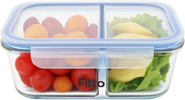 Fitto Glass Storage Food Container with Full Divider, 1200ml