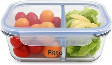 Fitto Glass Storage Food Container with Full Divider, 1500ml