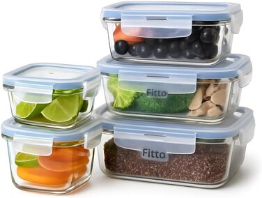 Fitto Glass Storage Food Container Set - 5 Pcs Rectangular & Square (380ml, 620ml, 980ml)