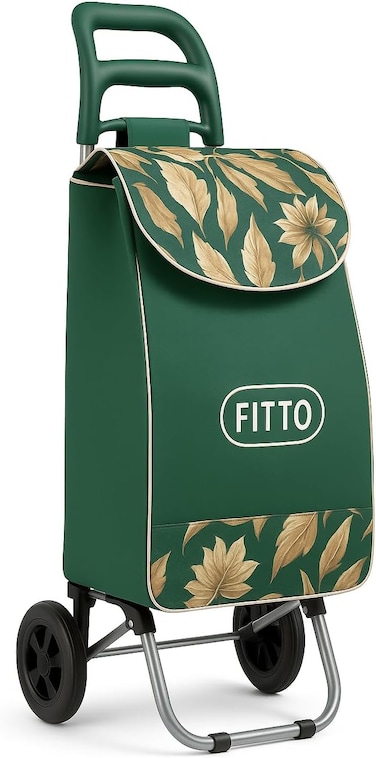 Fitto Fancy Shopping Trolley with Wheels, Green Leaf Design, 36L Carbon Steel