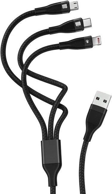 Fitto 3 in 1 Data Cable, USB to Micro USB, Type C, Lightning, 3.0 Amp, 1.5m, Black
