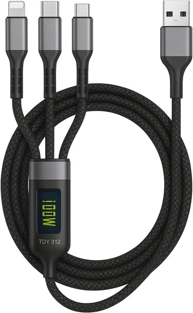 Fitto 3 in 1 Data Cable, USB to Micro USB, Type C, Lightning, 3.0 Amp, 1 Meter, Black