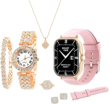 Fitto Adorable Smartwatch and Jewelry Set - Watch, Necklace, Ring, Earrings, Bracelet, Pink