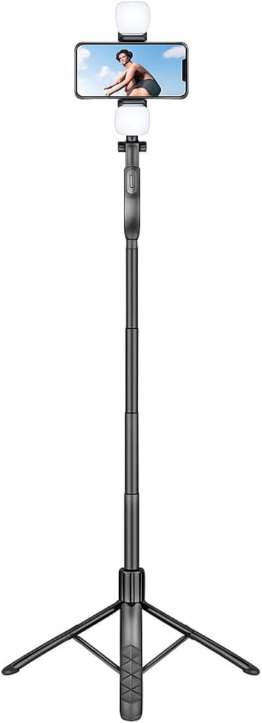 Fitto 120&deg; Rotatable Tripod with Detachable Remote, Selfie Light, Grip Handle, 7.64-27.6 Inches, Black