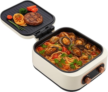 Fitto 1800W Electric Grill &amp; Hot Pot Cooker with Non-Stick Baking Tray, White
