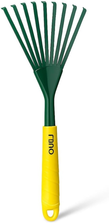 Fitto Small Garden Rake with Green Head and Yellow Handle, 9 Tines for Raking Leaves and Soil