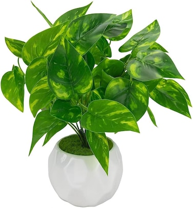 Fitto Artificial Potted Pothos Plant in Geometric White Pot for Indoor Decor