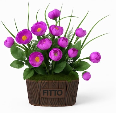 Fitto Purple Flower Arrangement with Yellow Centers in Decorative Wood-Look Pot
