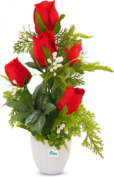 Fitto Artificial Red Rose Arrangement in White Pot with Green Foliage
