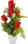 Fitto Artificial Red Rose Arrangement in White Pot with Green Foliage