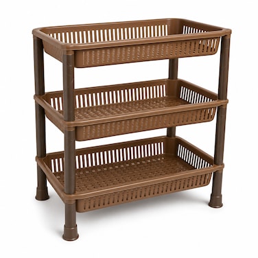 FITTO Brown Three-Tier Plastic Multipurpose Kitchen Storage Rack, 45 x 34 x 18 cm