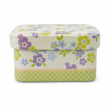 FITTO Rectangular Metal Storage Box, White Floral Pattern, 7 x 4.5 x 4 cm, 1 Piece